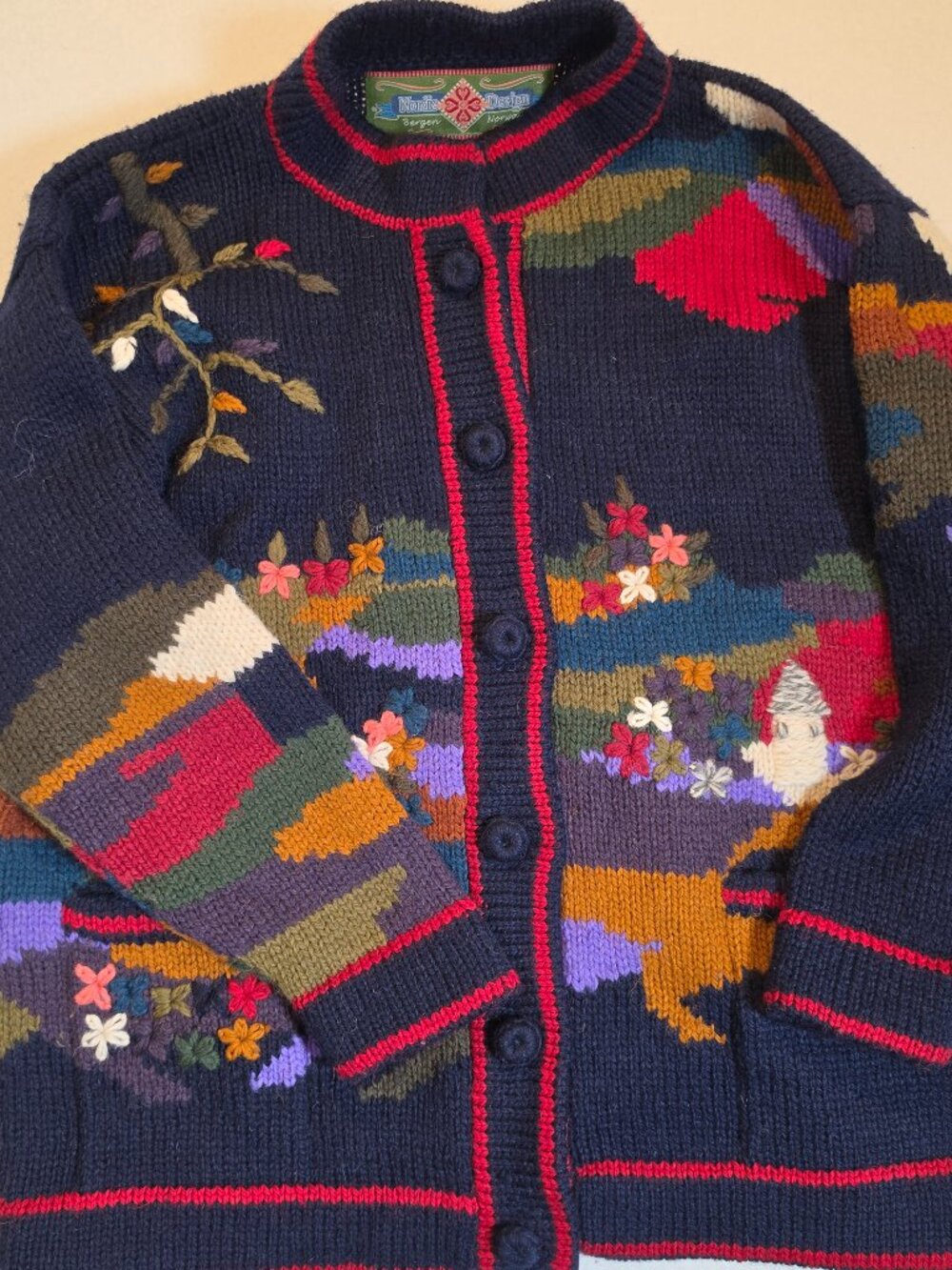 Nordic Design Bergen Norway Vintage Wool Embroidered Cardigan Sweater Size 8